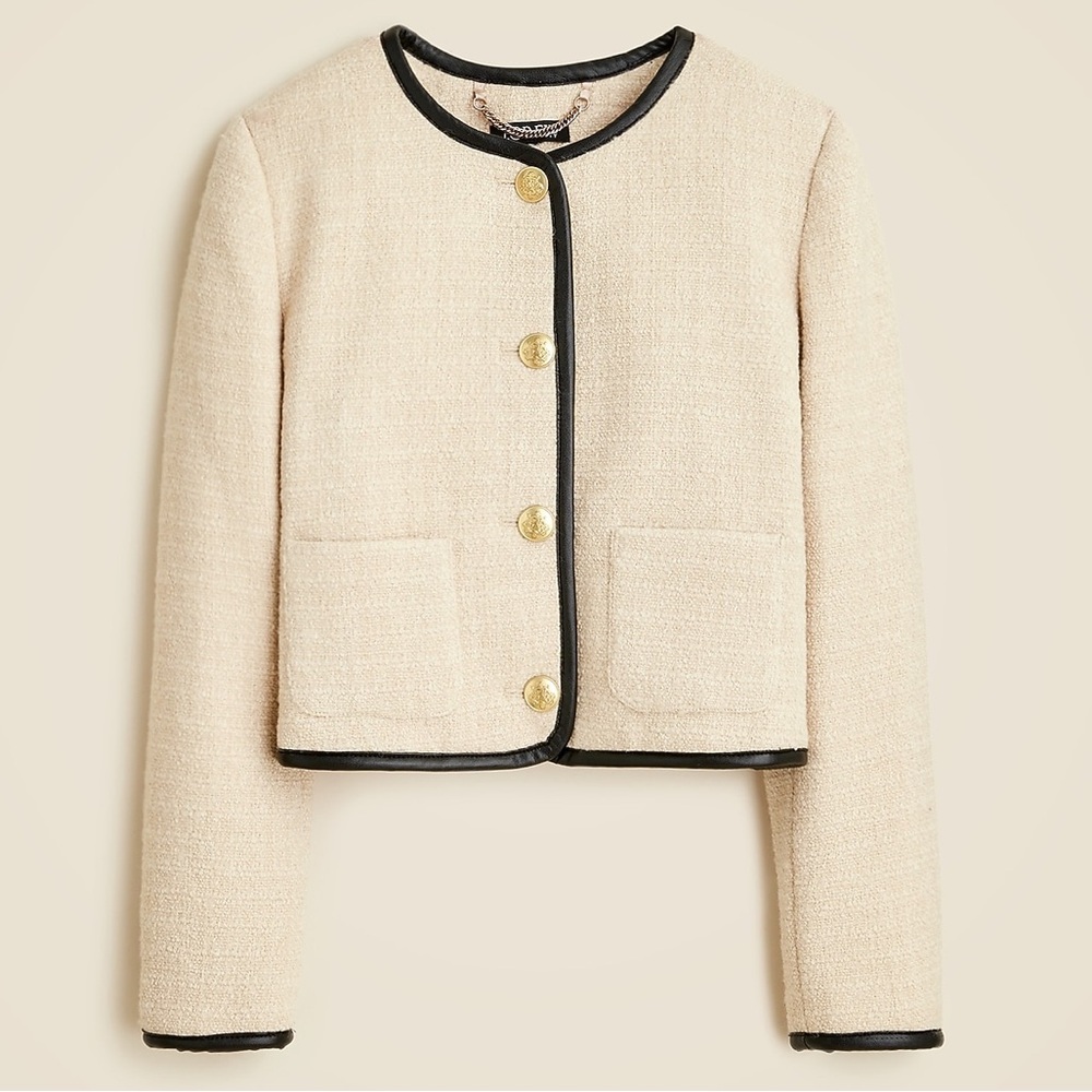 J. Crew Cream Tweed Boxy Jacket with Black Trim